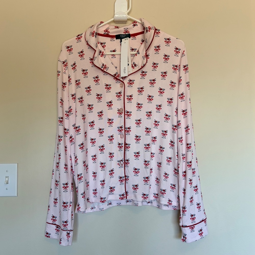 AQUA Lounge Pink Cocktail Martini Bow Pajama PJ Lounge Top Shirt Small NWT NEW